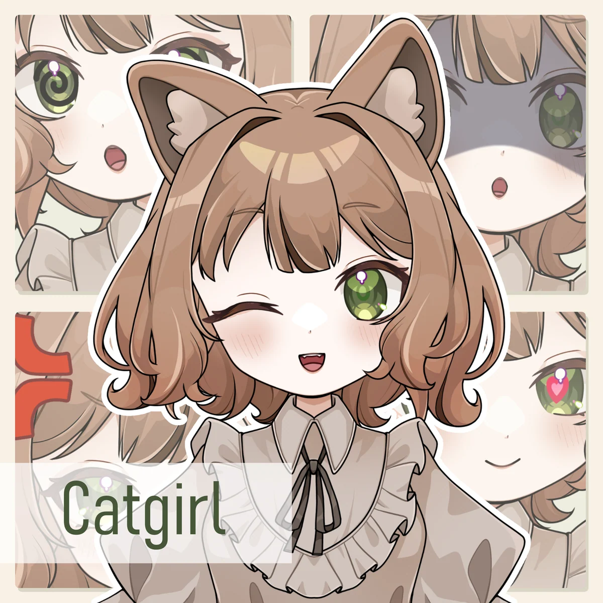 Brown-haired catgirl Live2D avatar with four expression close-ups