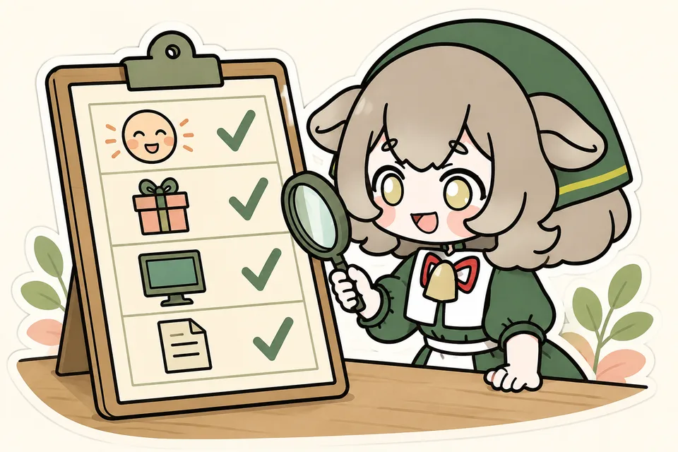 メリノちゃんがチェックリストを確認。動き、内容物、利用環境、利用条件の4項目を順に見ます。