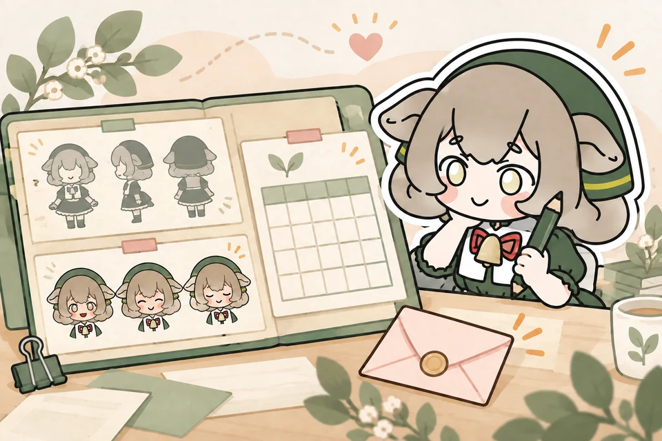 Merino-chan gathers character references, expression sketches, and a calendar to prepare a Live2D commission inquiry.