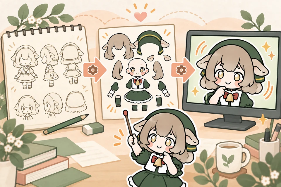 Merino-chan explains the production stages: character design, separated artwork, and a moving model.