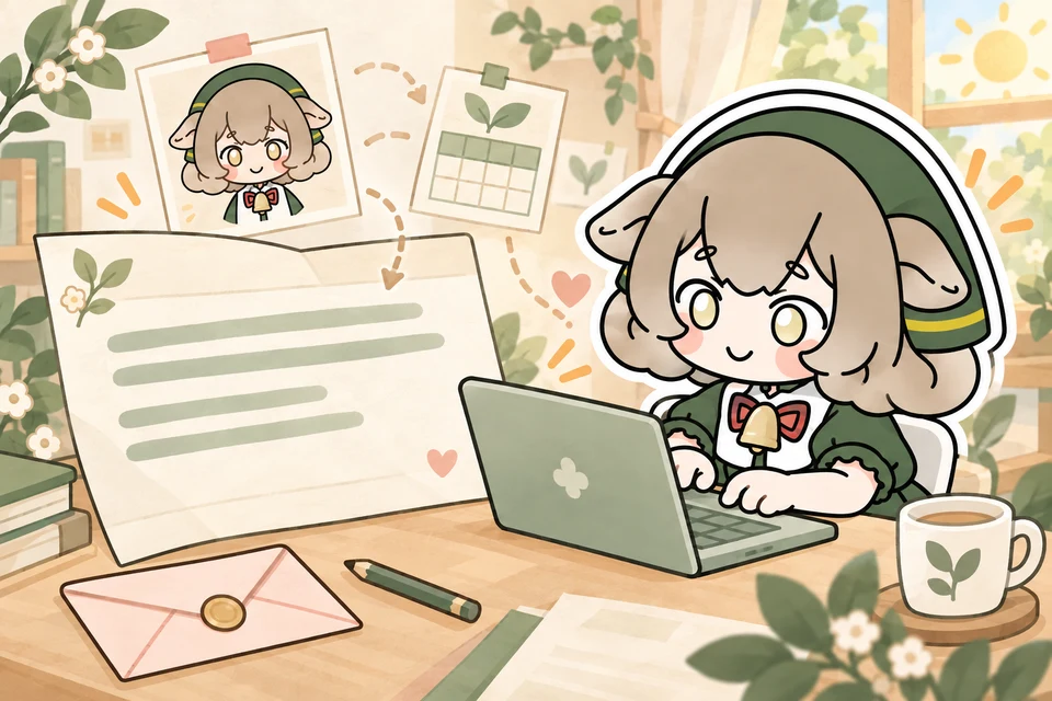 Merino-chan writes an inquiry on a laptop using character references and a calendar.