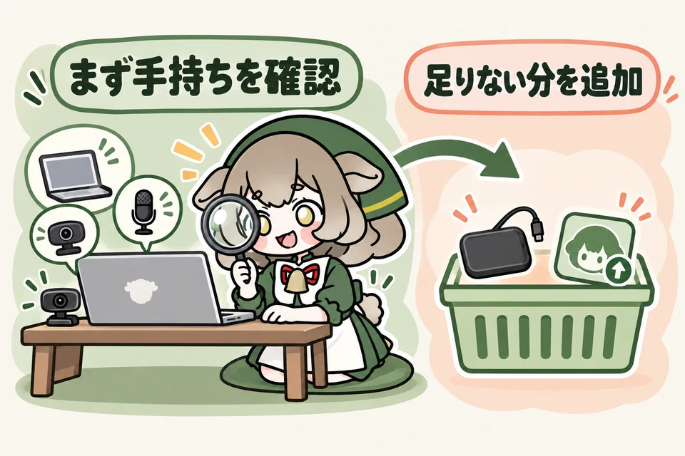 メリノちゃんが手持ちのパソコン・カメラ・マイクを確認し、使えるものと追加が必要なものを分けています。