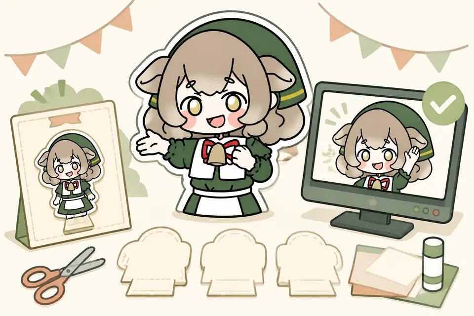 ペープサートのメリノちゃんが、立ち絵と動くモデルをご案内。
