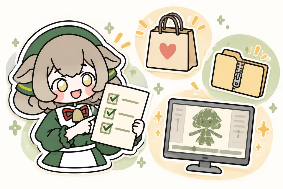 Merino-chan checks the model files, real motion preview, and usage terms on an Etsy Live2D listing.