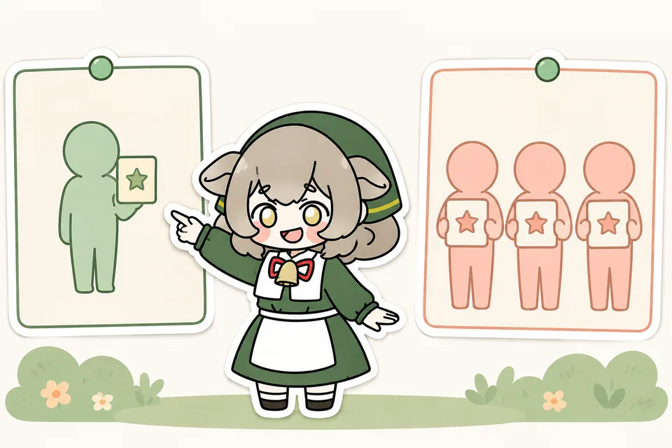 メリノちゃんが、左の購入者ひとりと右の購入者3人を比較。一点物と汎用モデルの違いを示すイメージ図です。