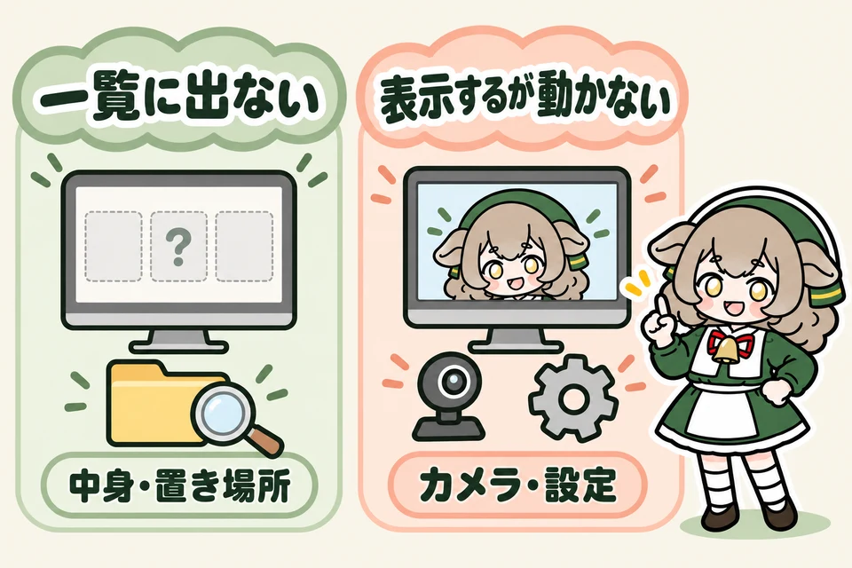 一覧に出ない場合はフォルダの中身と置き場所、表示するが動かない場合はカメラと設定を確認するとメリノちゃんが案内する図。