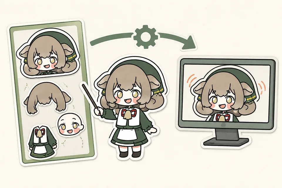 左のパーツ分けイラストを、モデリング作業を経て右の画面で動くモデルに。メリノちゃんが指し示しています。
