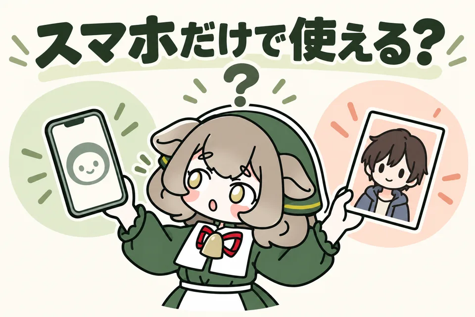 メリノちゃんが、スマホとモデルのデータを見比べ、スマホだけで使えるか考えています。