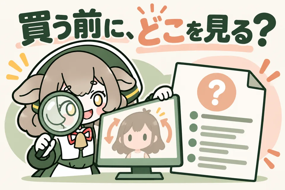 メリノちゃんがモデルの動きと利用条件を見比べて、購入前の確認ポイントを案内しています。