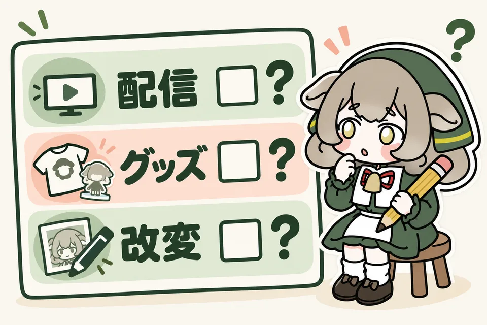 メリノちゃんが、配信・グッズ・改変それぞれの利用条件をチェック。使ってよい範囲は商品説明で確認します。
