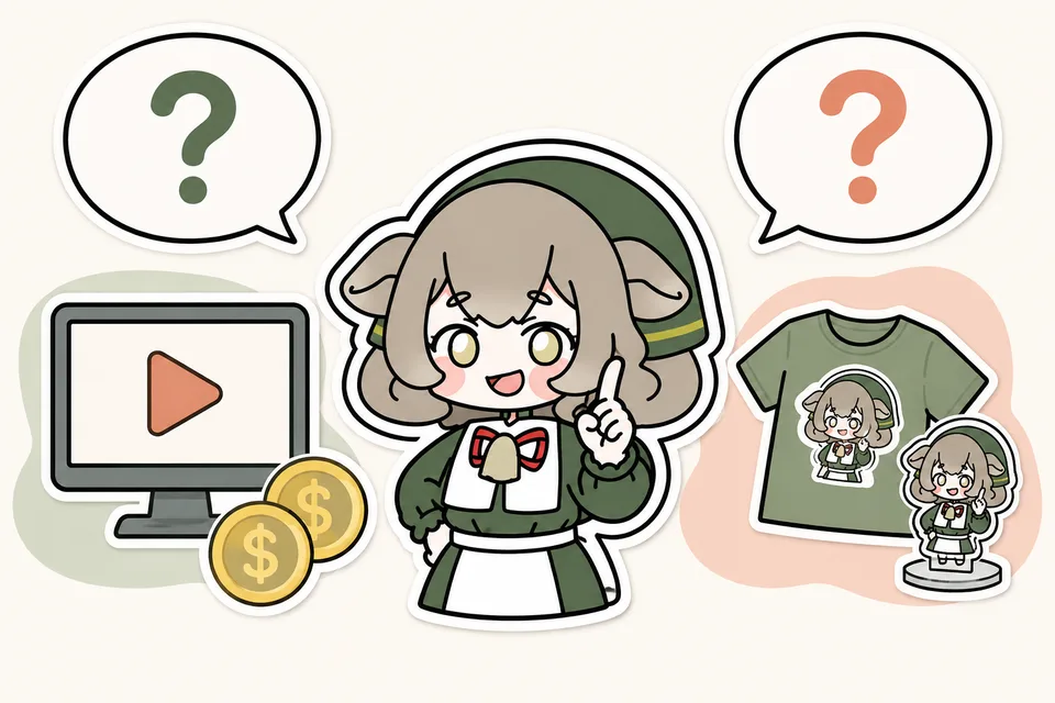 メリノちゃんの左には収益化した動画、右にはTシャツとスタンド。それぞれの利用許可を別に確認します。