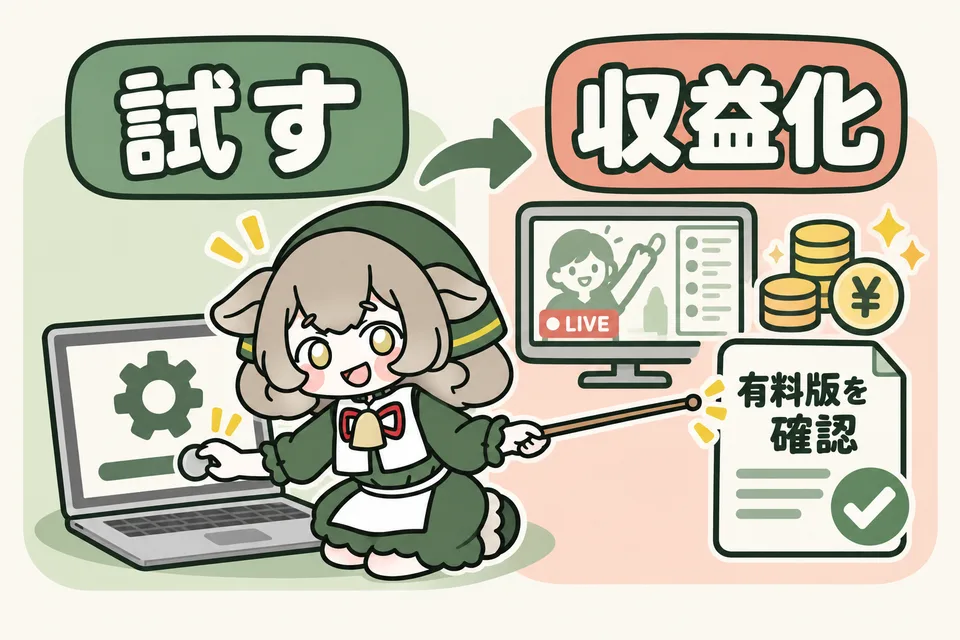 メリノちゃんが、無料で動作を試すことと、収益化のために有料版を確認することを分けて解説しています。