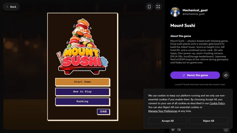 MOUNT SUSHI ゲーム紹介画面